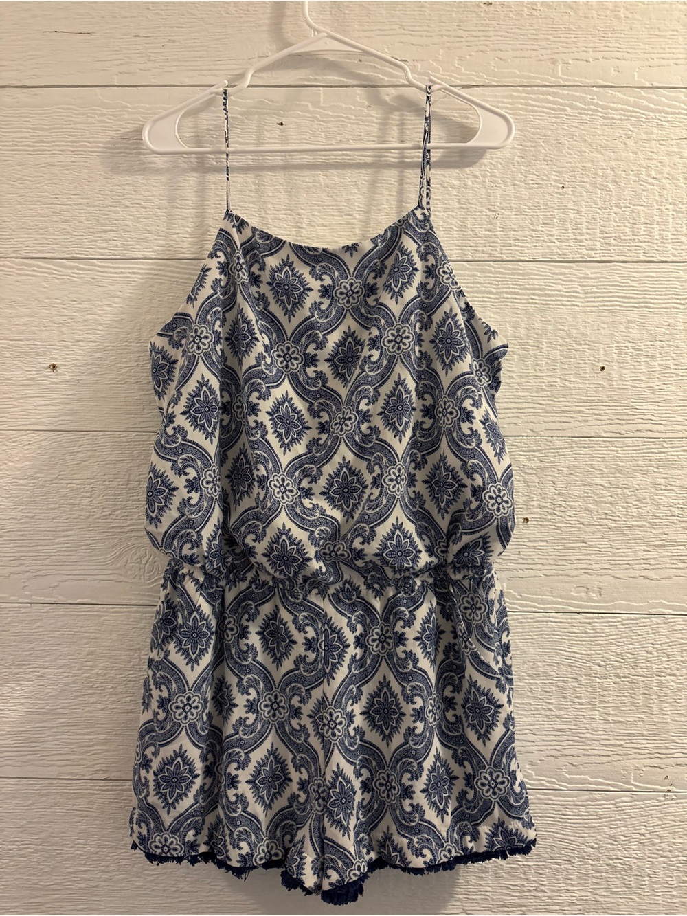Women’s Blue & White Printed Spaghetti-Strap Romper